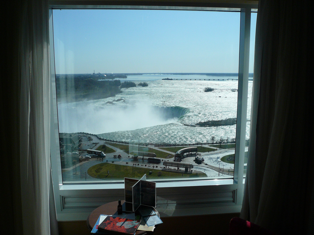 image of the view of Niagra Falls from a room in one of the cheap places to stay in Niagara Falls Ontario