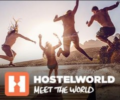 image of the Hostel World logo, one of the ways to find an affordable hostel in Toronto